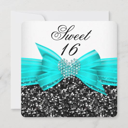 Sweet 16 Luxury Glitzer Aquamarin Bow Schwarz-weiß Einladung (Vorderseite)
