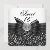 Sweet 16 Luxury Glitzer Bow Silver Schwarz-weiß Einladung (Vorderseite)