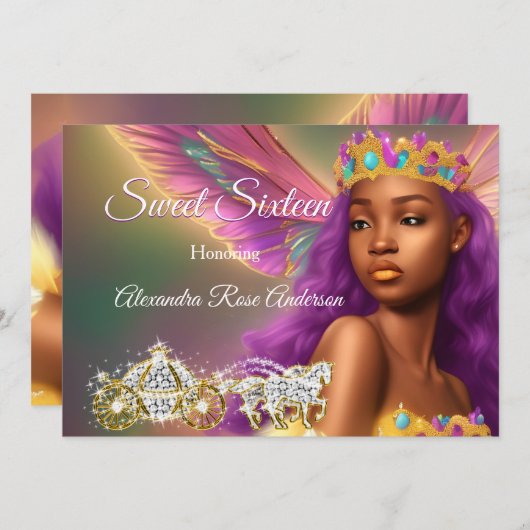 Sweet 16 Märchenhafte Lila Pink Gold Carriage Einladung (Vorne/Hinten)