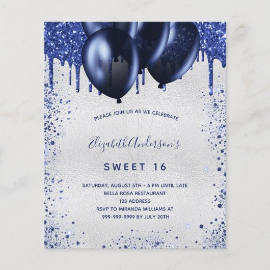 Sweet 16 Marineblau Silber Einladung Flyer (Vorne)