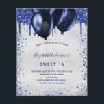 Sweet 16 Marineblau Silber Einladung Flyer<br><div class="desc">Bitte beachten Sie, dass diese Einladung auf Flyer Papier und sehr dünn ist. Umschläge sind nicht enthalten. Für dickere Einladungen (gleiche Gestaltung) besuchen Sie bitte unseren Shop. Eine mädchenhafte Geburtstagsfeier. vorne: Ein Imitat silber Hintergrund. Dekoriert mit marineblauen Imitaten Glitzer Tropfen, Farbe tropfende Aussehen und Ballons. Personalisieren und fügen Sie einen...</div>
