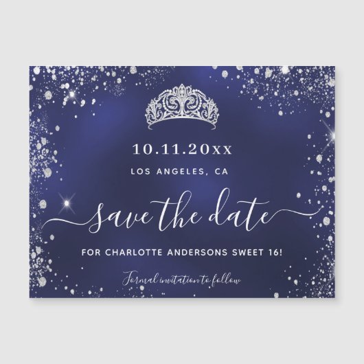 Sweet 16 marineblau silber speichern Sie den Datum Magneteinladung (Vorderseite)