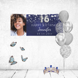 Sweet 16 marineblau silberne Sterne Foto Party Banner