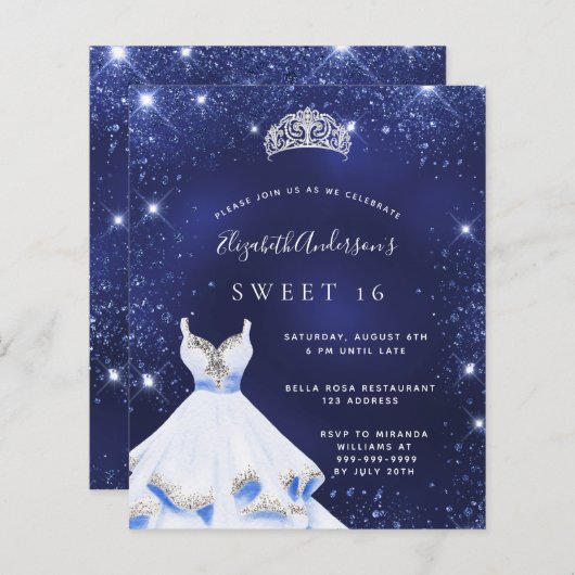 Sweet 16 marineblaue Kleid tiara Einladung (Vorne/Hinten)