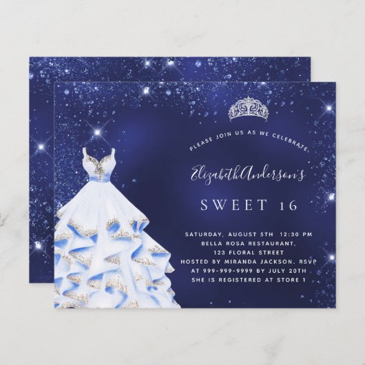 Sweet 16 marineblaue Kleid Tiara Haushaltseinladun (Vorne/Hinten)