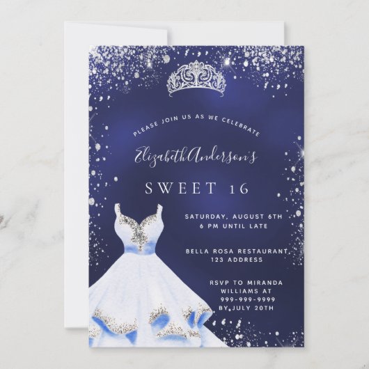 Sweet 16 marineblaue silberne Glitzer Kleid tiara Einladung (Vorderseite)