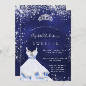 Sweet 16 marineblaue silberne Glitzer Kleid tiara Einladung (Vorne/Hinten)