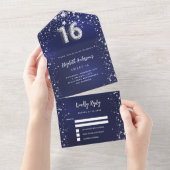 Sweet 16 marineblaue Silbersterne uAwg All In One Einladung (Abreißen)