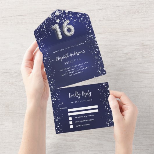 Sweet 16 marineblaue Silbersterne uAwg All In One Einladung (Abreißen)