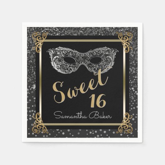 Sweet 16 Masquerade Ball Silver Gold 16 . Geburtst Serviette (Vorderseite)