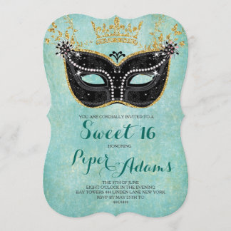 Sweet 16 Masquerade Gold Glitzer und Aqua Einladung
