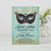 Sweet 16 Masquerade Gold Glitzer und Aqua Einladung (Stehend Vorderseite)