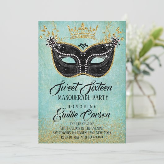 Sweet 16 Masquerade Gold Glitzer und Aqua Einladung (Stehend Vorderseite)