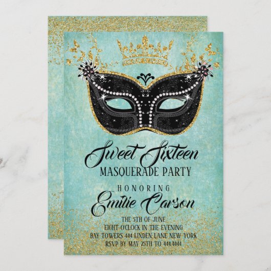 Sweet 16 Masquerade Gold Glitzer und Aqua Einladung (Vorne/Hinten)
