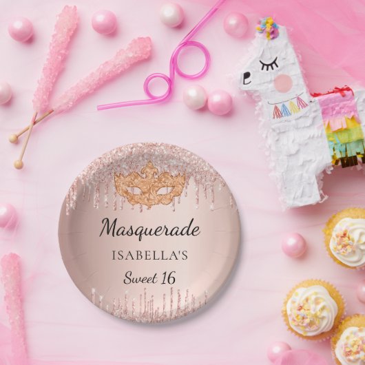 Sweet 16 masquerade Rose Gold Glitzer Tropfen Part Pappteller (Party)