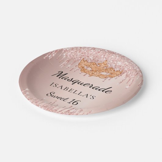 Sweet 16 masquerade Rose Gold Glitzer Tropfen Part Pappteller (Schrägansicht)