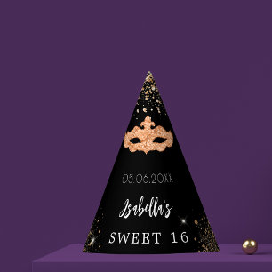 Sweet 16 masquerade schwarze Goldmaske Name Partyhütchen