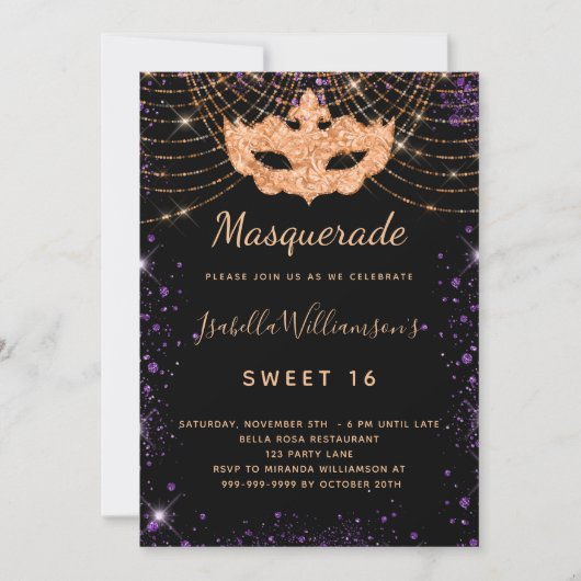 Sweet 16 masquerade schwarzer lila Glitzer Gold Einladung (Vorderseite)