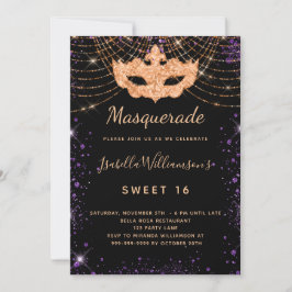 Sweet 16 masquerade schwarzer lila Glitzer Gold Einladung
