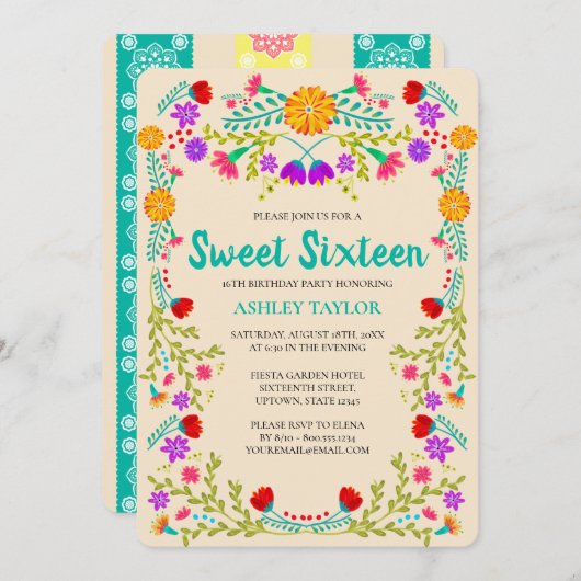 Sweet 16 Mexican Fiesta Papel Picado Champagne Einladung (Vorne/Hinten)