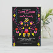 Sweet 16 mexikanische Party Blume Schwarzer Geburt Einladung (Stehend Vorderseite)