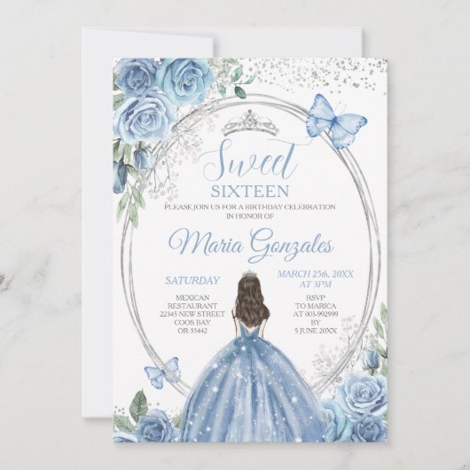 Sweet 16 Mis Quince Dusty Blue & Silver Floral Einladung (Vorderseite)