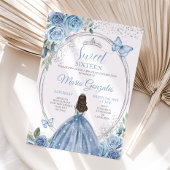Sweet 16 Mis Quince Dusty Blue & Silver Floral Einladung