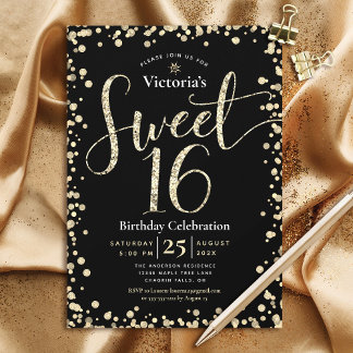 Sweet 16 Modern Black Gold Glitzer Girly Birthday Einladung