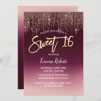 Sweet 16 Modern Burgundy Ombre Gold Sequins Einladung
