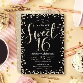 Sweet 16 Modern Gold Black Glitzer Girly Birthday Einladung
