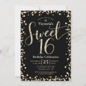 Sweet 16 Modern Gold Black Glitzer Girly Birthday Einladung (Vorderseite)