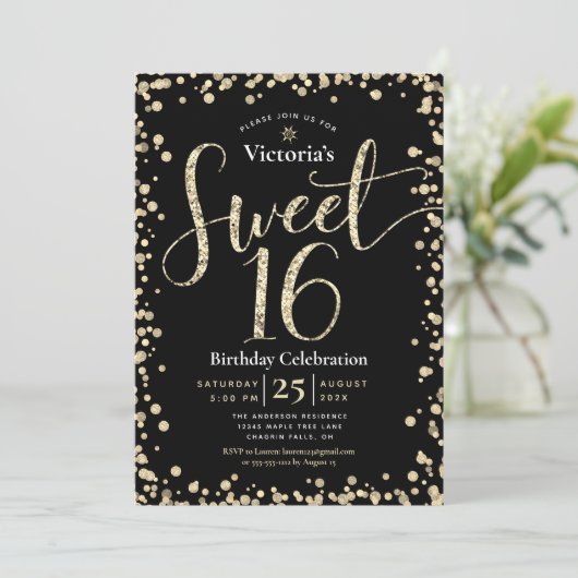 Sweet 16 Modern Gold Black Glitzer Girly Birthday Einladung (Stehend Vorderseite)