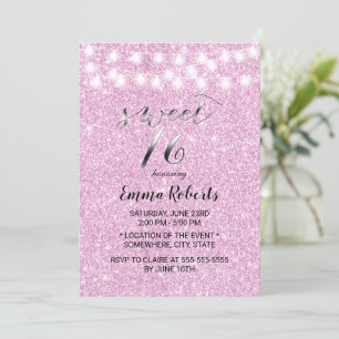 Sweet 16 Modern Pink Glitzer String Lights Einladung