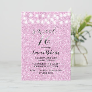 Sweet 16 Modern Pink Glitzer String Lights Einladung