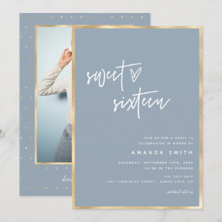 Sweet 16 Modern Script Gold Dusty Blue Geburtstag Einladung
