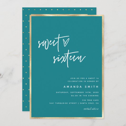 Sweet 16 Modern Script Gold Foil Aquamarin Geburts Einladung (Vorne/Hinten)
