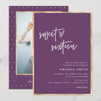 Sweet 16 Modern Script Gold Foil Lila Geburtstag Einladung