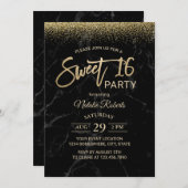 Sweet 16 Moderne Gold Typografie Schwarzer Marmor Einladung (Vorne/Hinten)