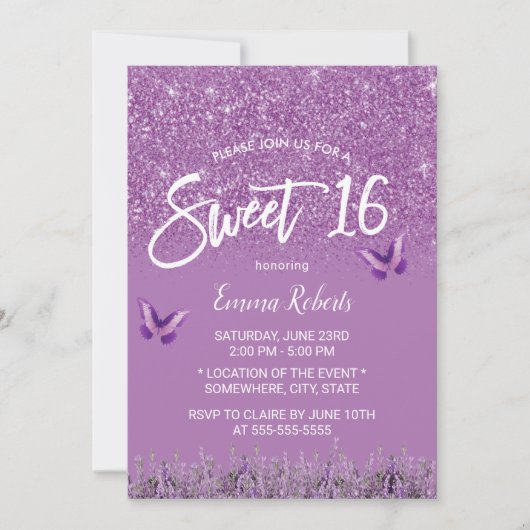Sweet 16 Moderne Lavendel Imitate Glitzer Einladung (Vorderseite)