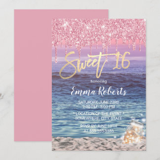 Sweet 16 Moderne Pink Glitzer Tropfen Tropical Bea Einladung