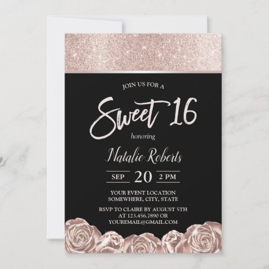 Sweet 16 Moderne Rose Gold Blume Elegant Schwarz Einladung (Vorderseite)