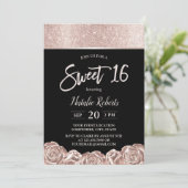 Sweet 16 Moderne Rose Gold Blume Elegant Schwarz Einladung (Stehend Vorderseite)