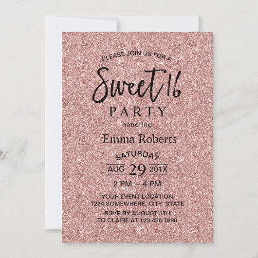Sweet 16 Moderne Rose Gold Glitzer Geburtstag Einladung (Vorderseite)