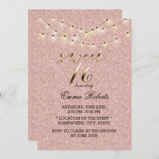 Sweet 16 Moderne Rose Gold Glitzer String Lights Einladung (Vorne/Hinten)