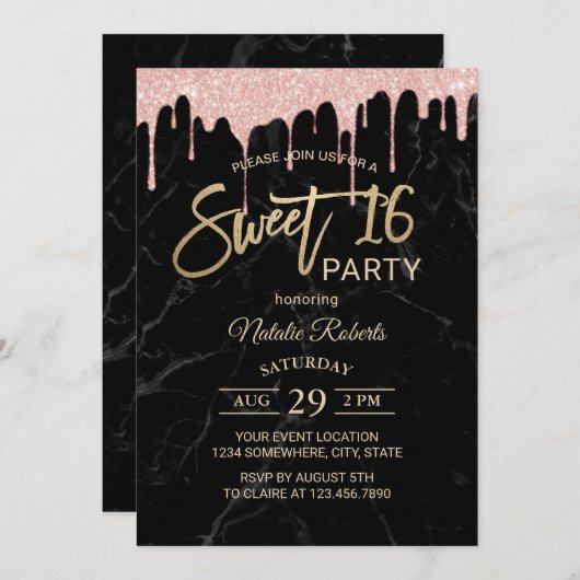 Sweet 16 Moderne Rose Gold Tropfen Schwarzer Marmo Einladung (Vorne/Hinten)