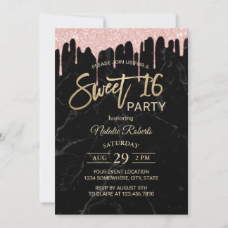 Sweet 16 Moderne Rose Gold Tropfen Schwarzer Marmo Einladung