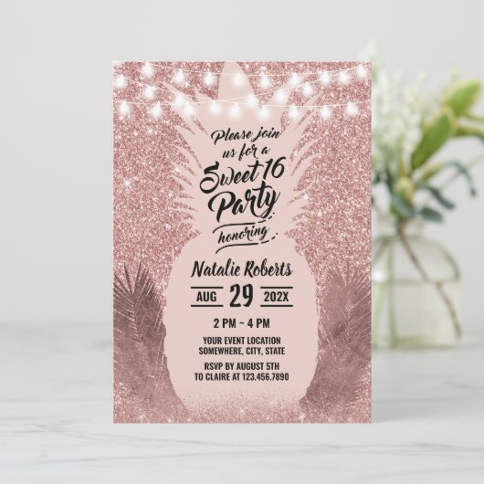 Sweet 16 Moderne Rose Gold Tropische Ananas Einladung (Stehend Vorderseite)