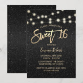Sweet 16 Moderne Schwarze Imitate Glitzer Typograf Einladung (Vorne/Hinten)