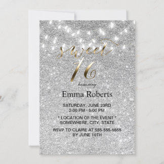 Sweet 16 Moderne Silver Glitzer String Lights Einladung