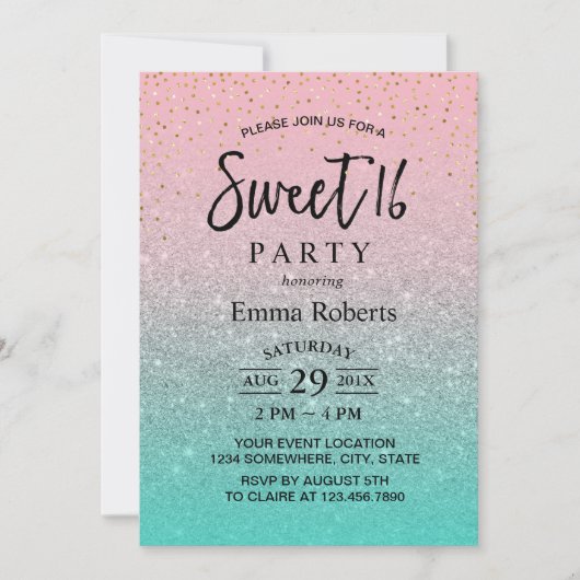 Sweet 16 Moderner Aquamarin Pink Silver Glitzer Ge Einladung (Vorderseite)